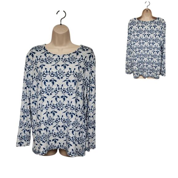 Chico's Round Neck Blue Print Paisley Long Sleeve Ultimate Tee Size 3 XL - Picture 1 of 6